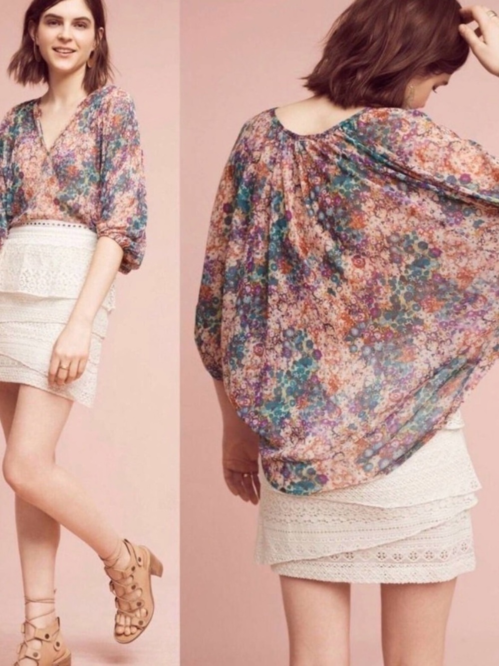 Anthropologie Sheer Floral Button-Front Blouse - Teal, Purple, Rust